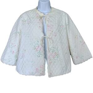 Vintage Barbizon Boutique Quilted Bed Jacket Women's L Floral Ivory Pink Green